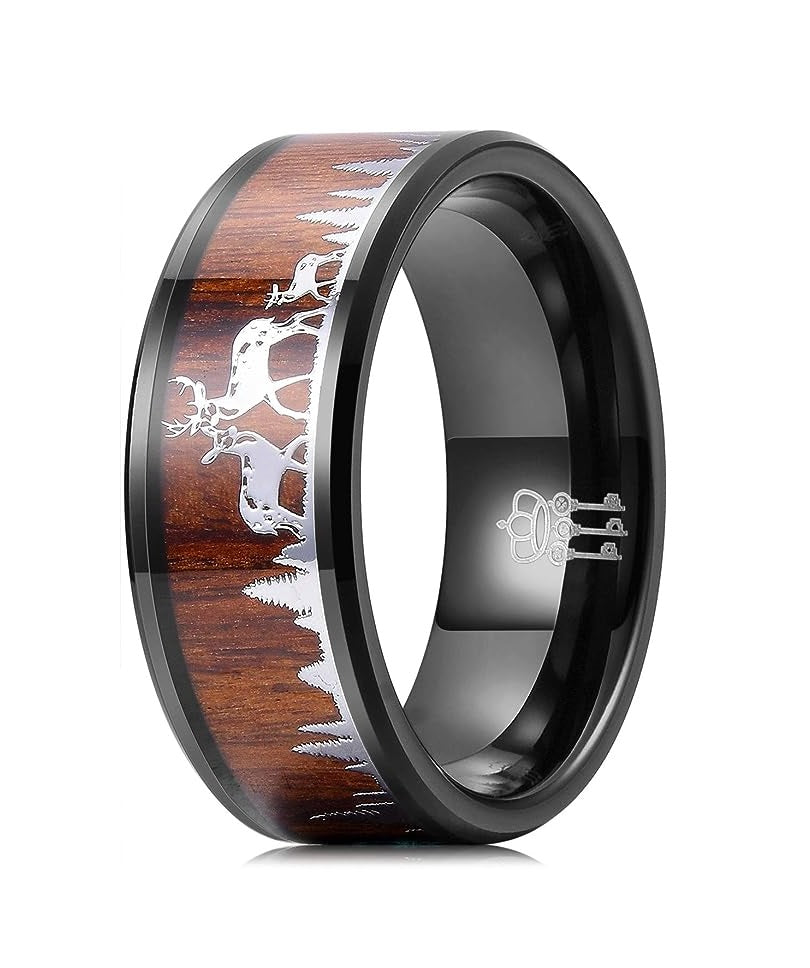 Genuine Carbide Tungsten Color: 8mm BLACK SILVER DEER FAMILY KOA WOOD inlay High polished inner-face design smooth and shiny. Comfort Fit Wedding Band Size 6-15