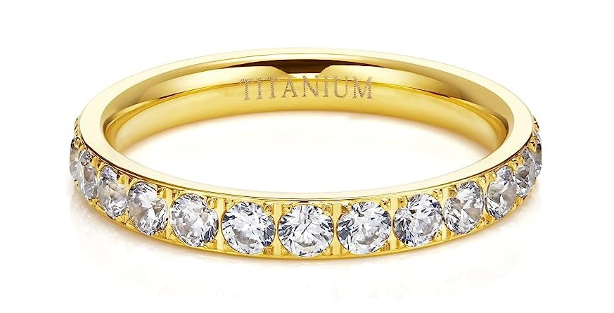 Genuine Titanium Golden 3mm Wide Ring Cubic Zirconia Eternity High Polished Comfort Fit.