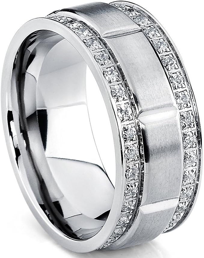 Genuine Titanium Silver 9mm Wide Ring Double Row CZ High Polished Comfort Fit.