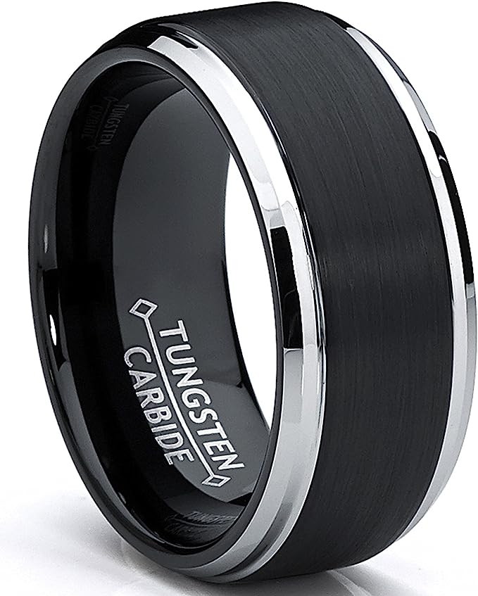 Genuine Carbide Tungsten Color: 9mm Brushed BLACK/SILVER High Polish inner face makes it smooth and shiny Comfort Fit Wedding Band Size 6-15