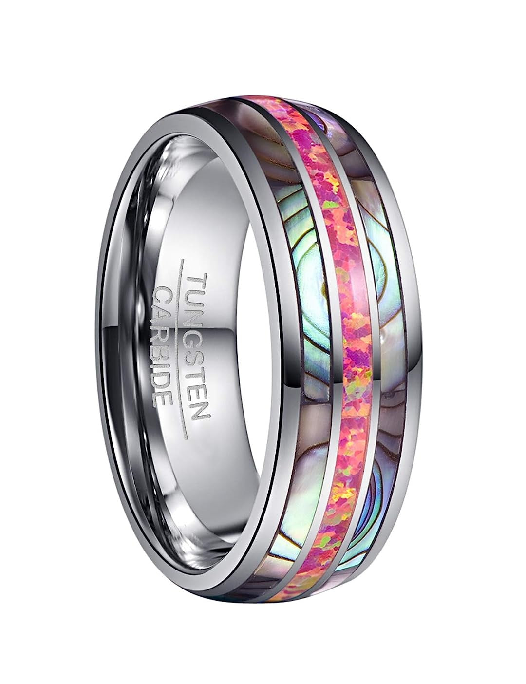 Genuine Carbide Tungsten Color: 8mm RING Carmine Red Opal Silver Inner high polished inner-face design smooth and shiny. Comfort Fit Wedding Band Size 6-15