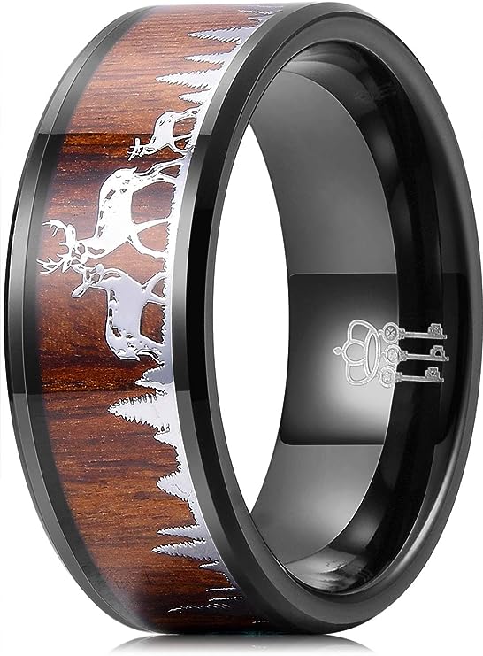 Genuine Carbide Tungsten Color: 8mm BLACK SILVER DEER FAMILY KOA WOOD inlay High polished inner-face design smooth and shiny. Comfort Fit Wedding Band Size 6-15