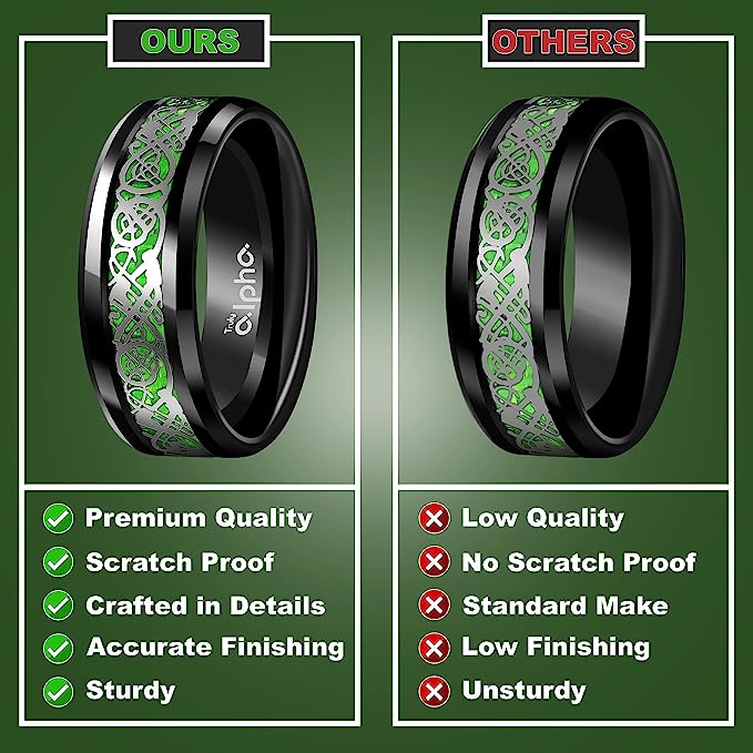 Genuine Carbide Tungsten Color: BLACK Celtic Dragon GREEN Carbon Fiber 8mm RING Polished Shiny Comfort Fit Wedding Band Size Size 6-15