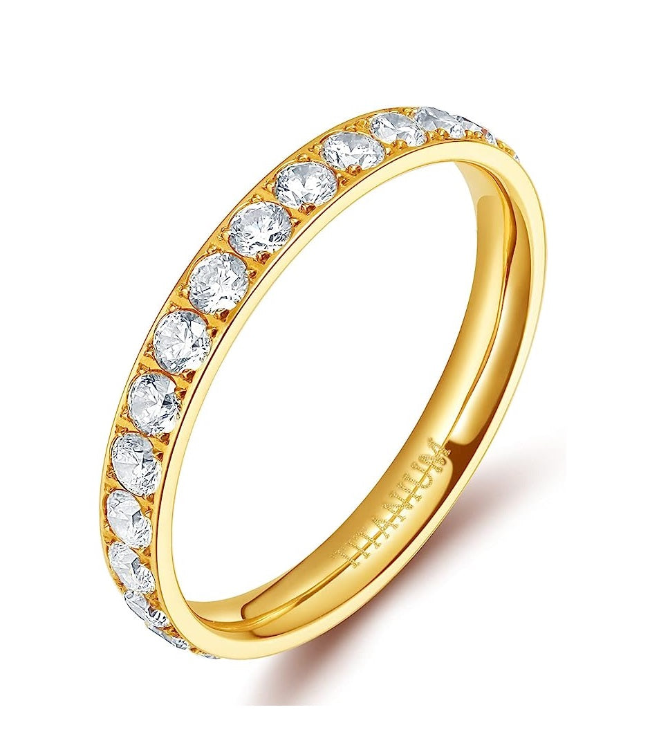 Genuine Titanium Golden 3mm Wide Ring Cubic Zirconia Eternity High Polished Comfort Fit.