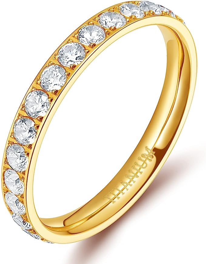 Genuine Titanium Golden 3mm Wide Ring Cubic Zirconia Eternity High Polished Comfort Fit.