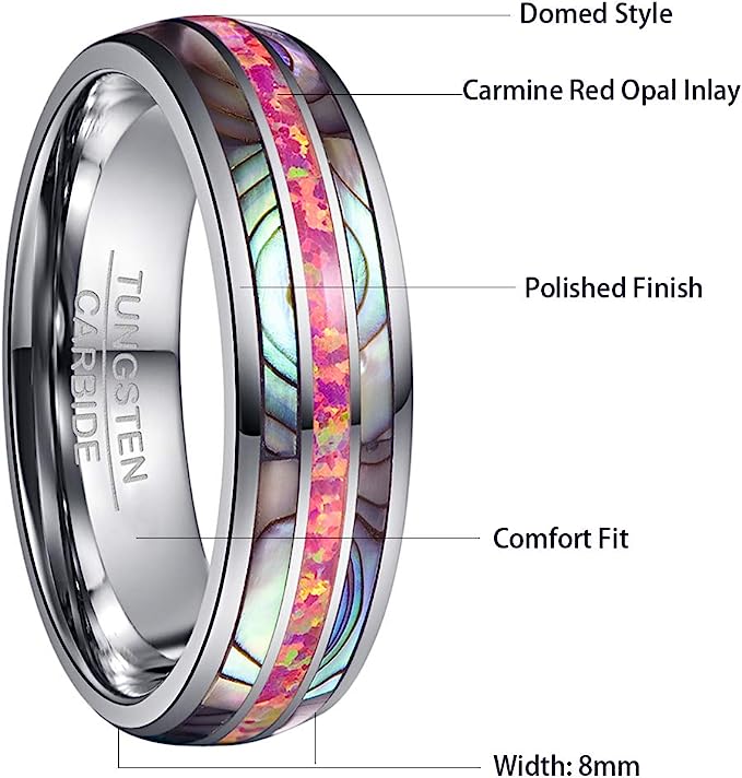 Genuine Carbide Tungsten Color: 8mm RING Carmine Red Opal Silver Inner high polished inner-face design smooth and shiny. Comfort Fit Wedding Band Size 6-15