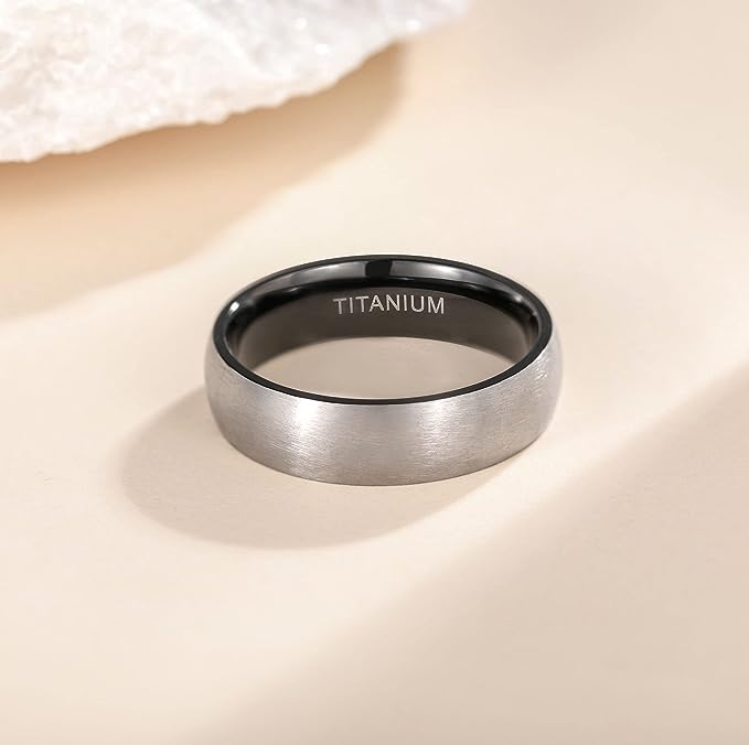 Genuine Titanium Silver Brushed Black 6mm Wide Dome Ring Wedding Band High Polished Comfort Fit.