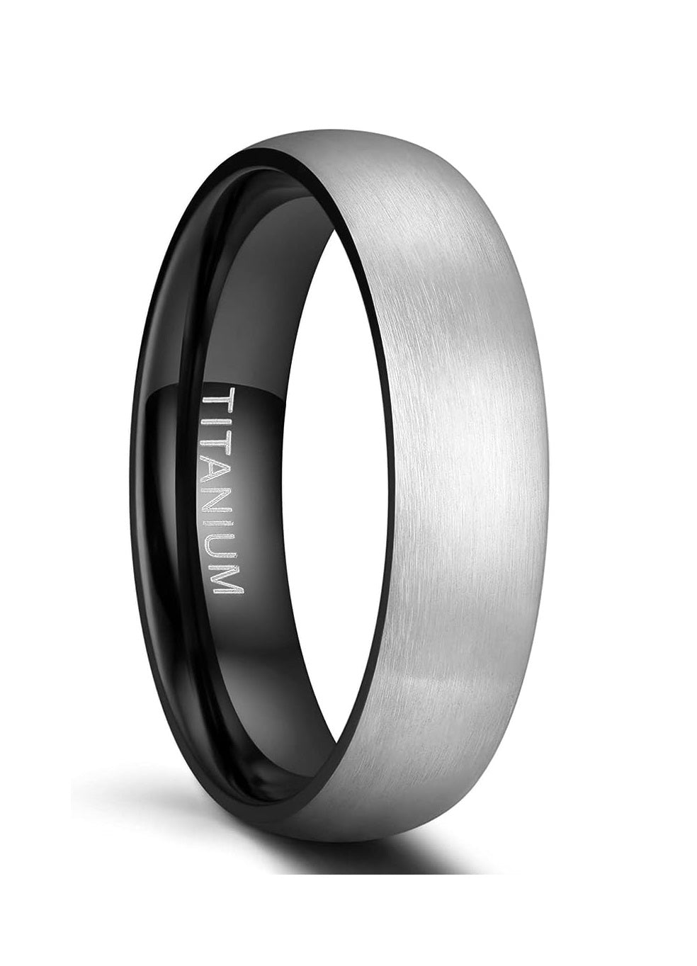 Genuine Titanium Silver Brushed Black 6mm Wide Dome Ring Wedding Band High Polished Comfort Fit.