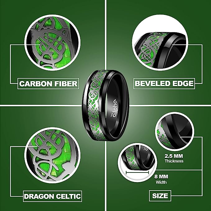 Genuine Carbide Tungsten Color: BLACK Celtic Dragon GREEN Carbon Fiber 8mm RING Polished Shiny Comfort Fit Wedding Band Size Size 6-15