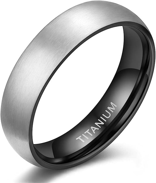 Genuine Titanium Silver Brushed Black 6mm Wide Dome Ring Wedding Band High Polished Comfort Fit.