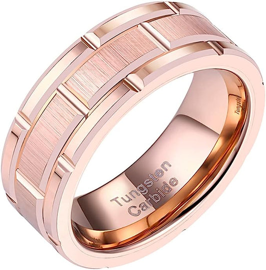 Genuine Tungsten Carbide 8mm CASUAL & MODERN: Rose Gold Brick band for a bride or groom High finish polished beveled edge comfort fit wedding band Size 6-15