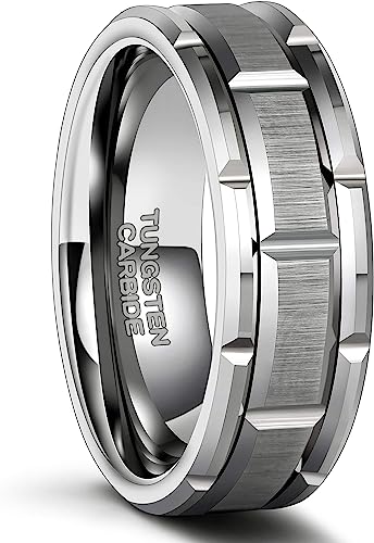 Silver Genuine Tungsten Carbide 8mm CASUAL & MODERN: Silver Brick band for a bride or groom High finish polished beveled edge comfort fit wedding band Size 6-15