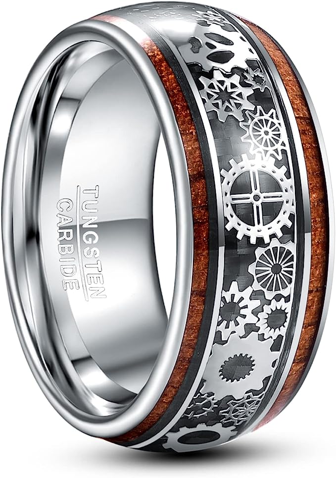 Genuine Carbide Tungsten Color: 10mm Koa Wood Silver Inner high polished inner-face design smooth and shiny. Comfort Fit Wedding Band Size 6-15