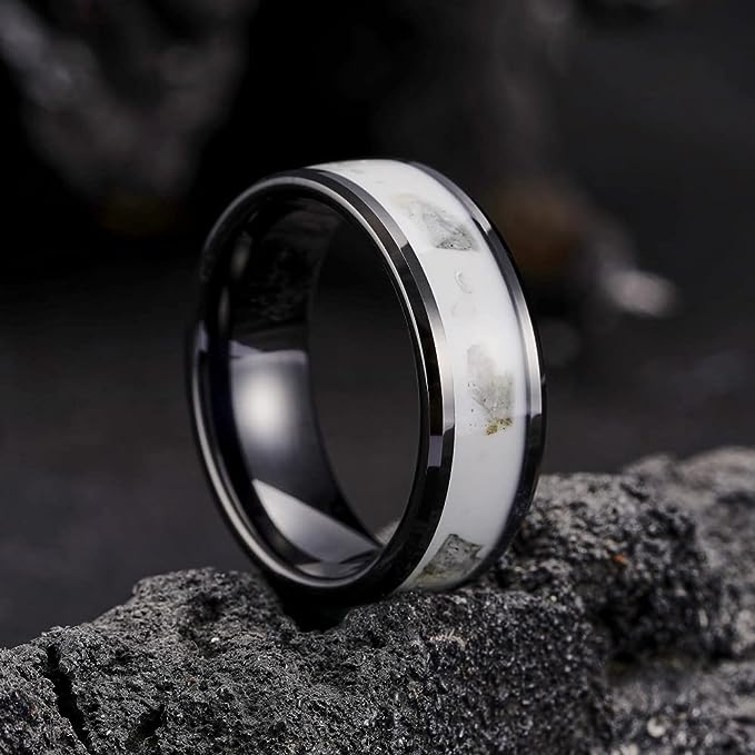 Genuine Carbide Tungsten Color: 8mm BLACK SILVER WHITE BLUE GLOWS AT NIGHT Inlay High polished inner-face design smooth and shiny. Comfort Fit Wedding Band Size 6-15