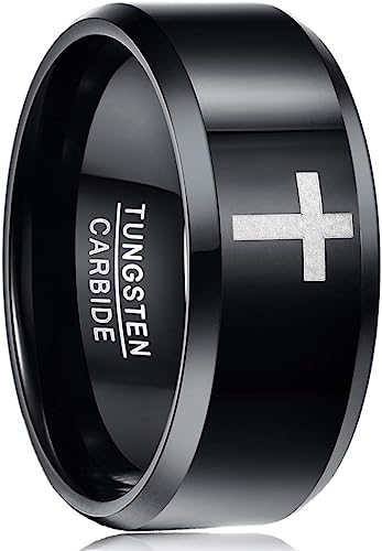 Genuine Carbide Tungsten Color: BLACK/SILVER Laser Cross Pattern inlay, 10mm RING Polished Shiny Comfort Fit Wedding Band Size Size 6-15