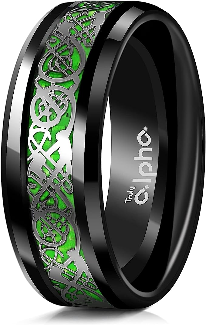 Genuine Carbide Tungsten Color: BLACK Celtic Dragon GREEN Carbon Fiber 8mm RING Polished Shiny Comfort Fit Wedding Band Size Size 6-15
