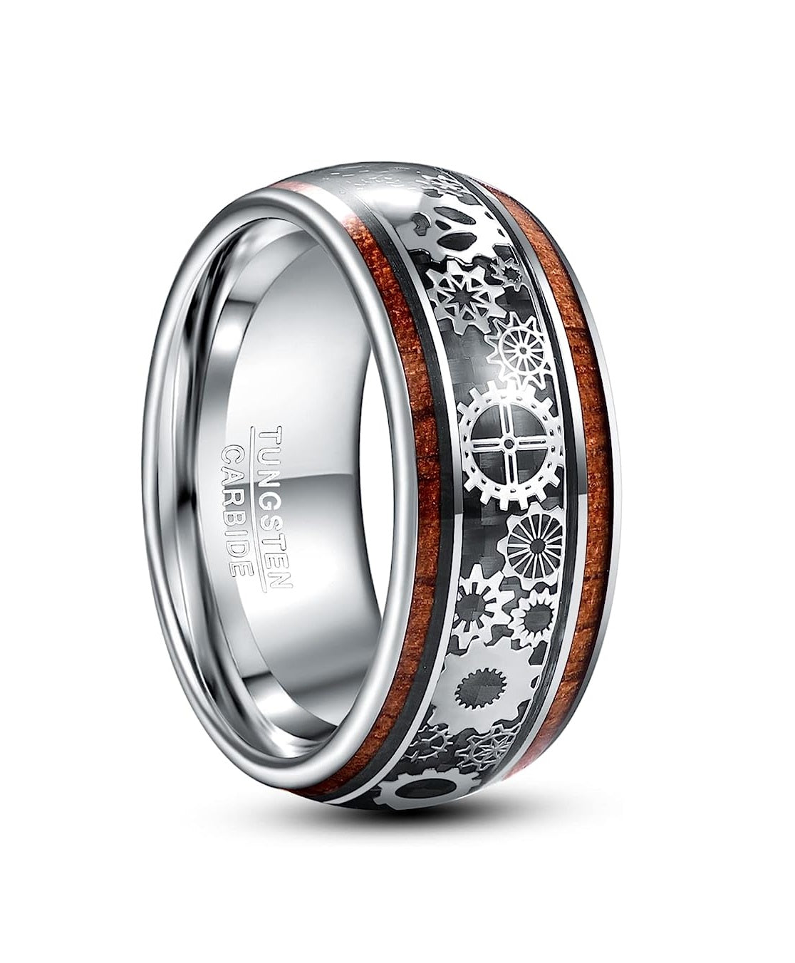 Genuine Carbide Tungsten Color: 10mm Koa Wood Silver Inner high polished inner-face design smooth and shiny. Comfort Fit Wedding Band Size 6-15