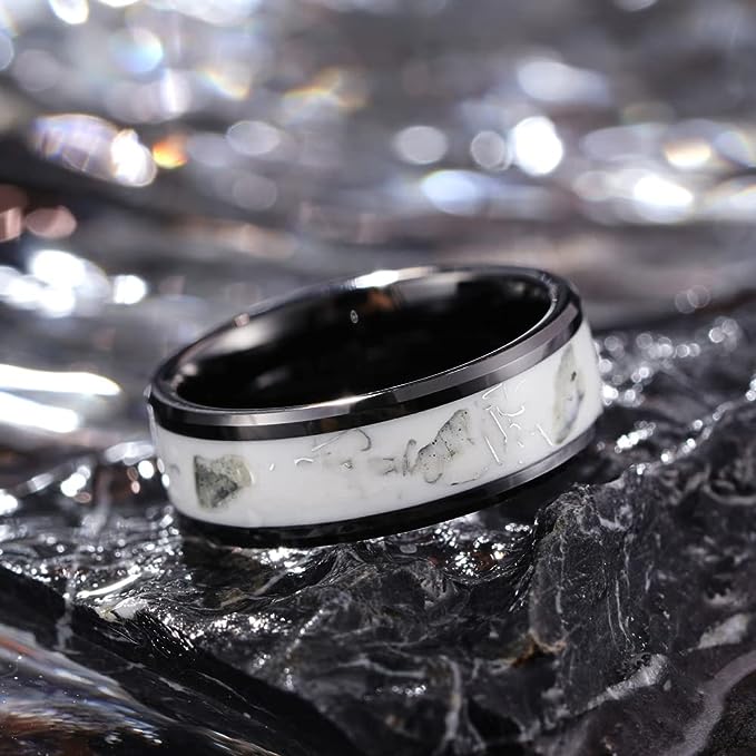 Genuine Carbide Tungsten Color: 8mm BLACK SILVER WHITE BLUE GLOWS AT NIGHT Inlay High polished inner-face design smooth and shiny. Comfort Fit Wedding Band Size 6-15