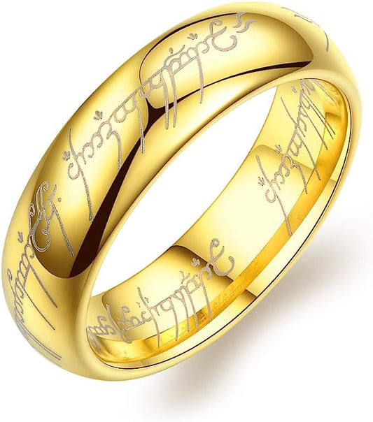 Genuine Carbide Tungsten Color: GOLD PLATED Lord of The Rings  Elvish Script 8mm with Laser engraving pattern Lasered Gorgeous Stunning Polished Shiny Comfort Fit Wedding Band Size Size 6-15 Classic dome