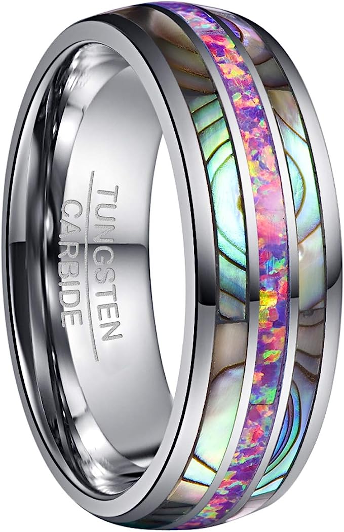 Genuine Carbide Tungsten Color: 8mm RING Lavender Purple Opal Silver Inner high polished inner-face design smooth and shiny. Comfort Fit Wedding Band Size 6-15