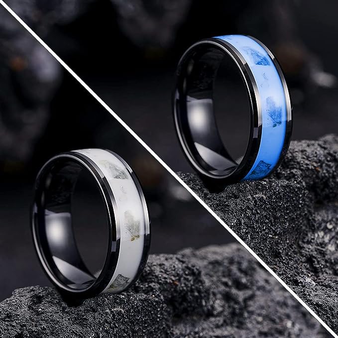 Genuine Carbide Tungsten Color: 8mm BLACK SILVER WHITE BLUE GLOWS AT NIGHT Inlay High polished inner-face design smooth and shiny. Comfort Fit Wedding Band Size 6-15