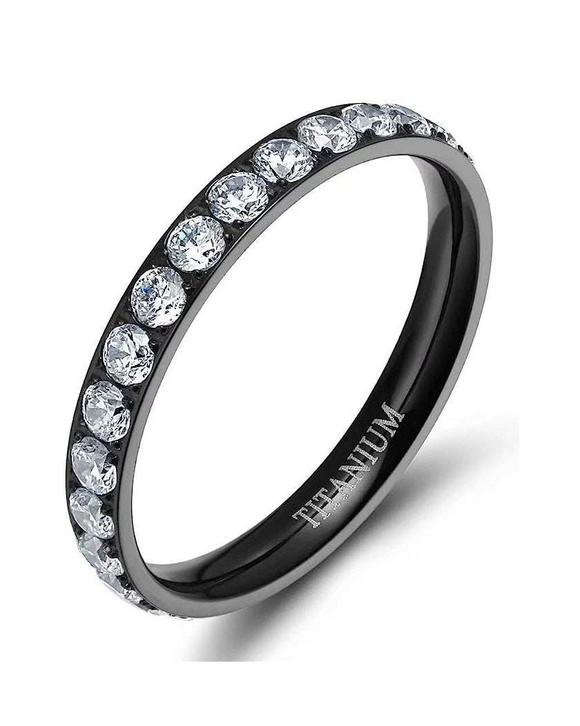 Genuine Titanium Black 3mm Wide Ring Cubic Zirconia Eternity High Polished Comfort Fit.