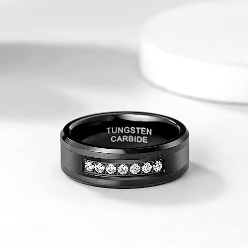 Genuine Carbide Tungsten Color: 8mm Cubic Zirconia and Black inner high polished inner-face design smooth and shiny. Comfort Fit Wedding Band Size 6-15