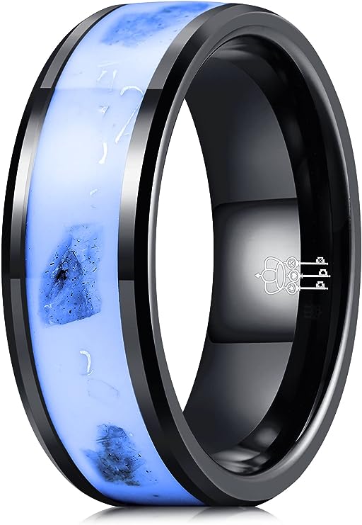 Genuine Carbide Tungsten Color: 8mm BLACK SILVER WHITE BLUE GLOWS AT NIGHT Inlay High polished inner-face design smooth and shiny. Comfort Fit Wedding Band Size 6-15