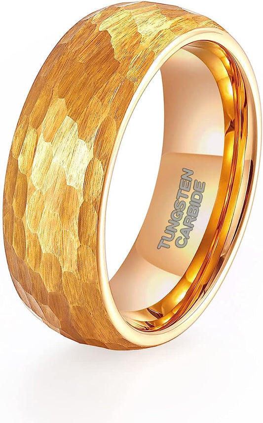 Genuine Carbide Tungsten Color: 8mm GOLD Hammered RING Multi-Faceted Domed High Polish inner face makes it smooth and shiny Comfort Fit Wedding Band Size 6-15