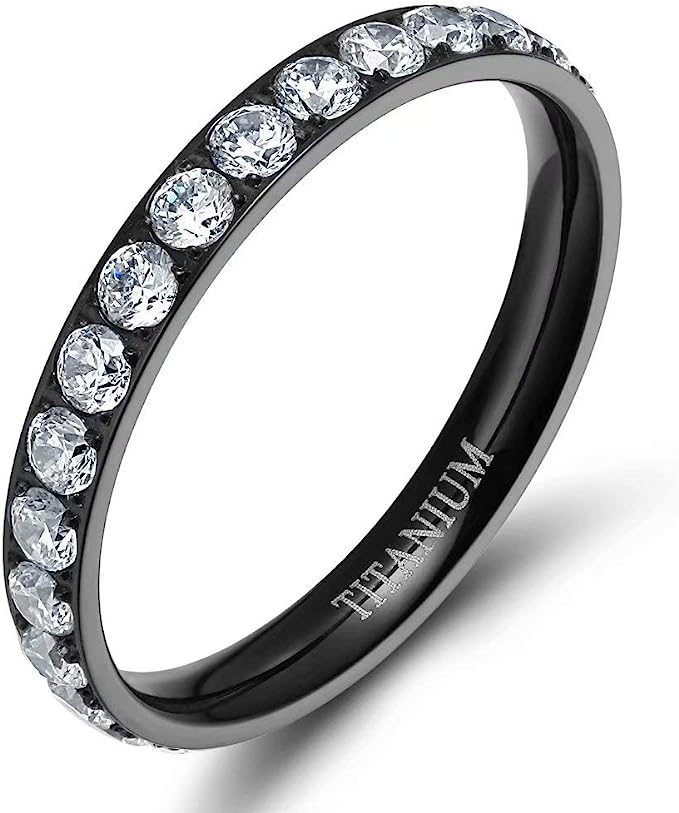 Genuine Titanium Black 3mm Wide Ring Cubic Zirconia Eternity High Polished Comfort Fit.