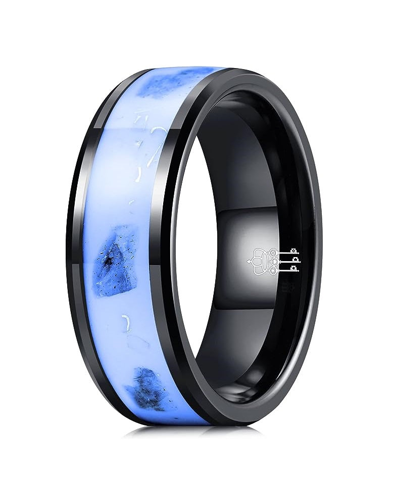 Genuine Carbide Tungsten Color: 8mm BLACK SILVER WHITE BLUE GLOWS AT NIGHT Inlay High polished inner-face design smooth and shiny. Comfort Fit Wedding Band Size 6-15