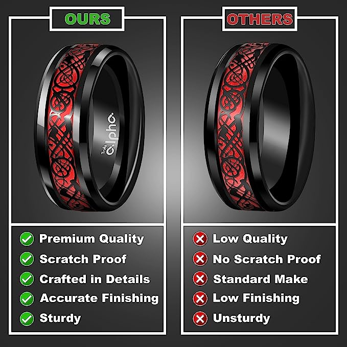 Genuine Carbide Tungsten Color: BLACK Celtic Dragon RED Carbon Fiber 8mm RING Polished Shiny Comfort Fit Wedding Band Size Size 6-15