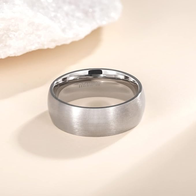 Genuine Titanium Silver Brushed 8mm Wide Dome Ring Wedding Band High Polished Comfort Fit.