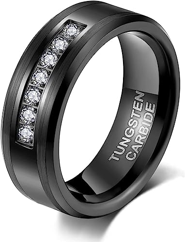 Genuine Carbide Tungsten Color: 8mm Cubic Zirconia and Black inner high polished inner-face design smooth and shiny. Comfort Fit Wedding Band Size 6-15