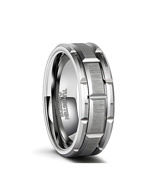 Silver Genuine Tungsten Carbide 8mm CASUAL & MODERN: Silver Brick band for a bride or groom High finish polished beveled edge comfort fit wedding band Size 6-15