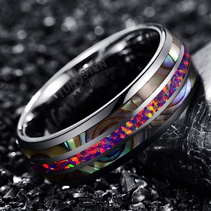 Genuine Carbide Tungsten Color: 8mm RING Lavender Purple Opal Silver Inner high polished inner-face design smooth and shiny. Comfort Fit Wedding Band Size 6-15