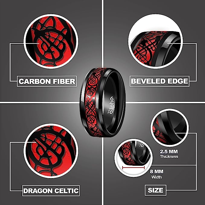 Genuine Carbide Tungsten Color: BLACK Celtic Dragon RED Carbon Fiber 8mm RING Polished Shiny Comfort Fit Wedding Band Size Size 6-15