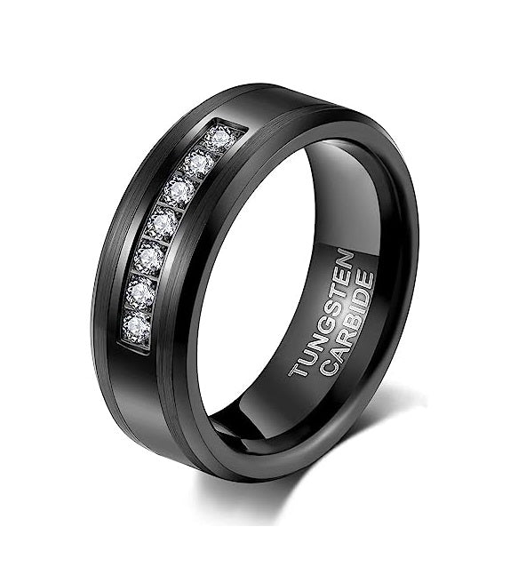 Genuine Carbide Tungsten Color: 8mm Cubic Zirconia and Black inner high polished inner-face design smooth and shiny. Comfort Fit Wedding Band Size 6-15