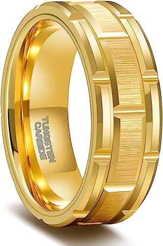 Genuine Tungsten Carbide 8mm CASUAL & MODERN: Gold Brick band for a bride or groom High finish polished beveled edge comfort fit wedding band Size 6-15