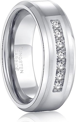 Genuine Carbide Tungsten Color: 8mm Cubic Zirconia and Silver inner high polished inner-face design smooth and shiny. Comfort Fit Wedding Band Size 6-15