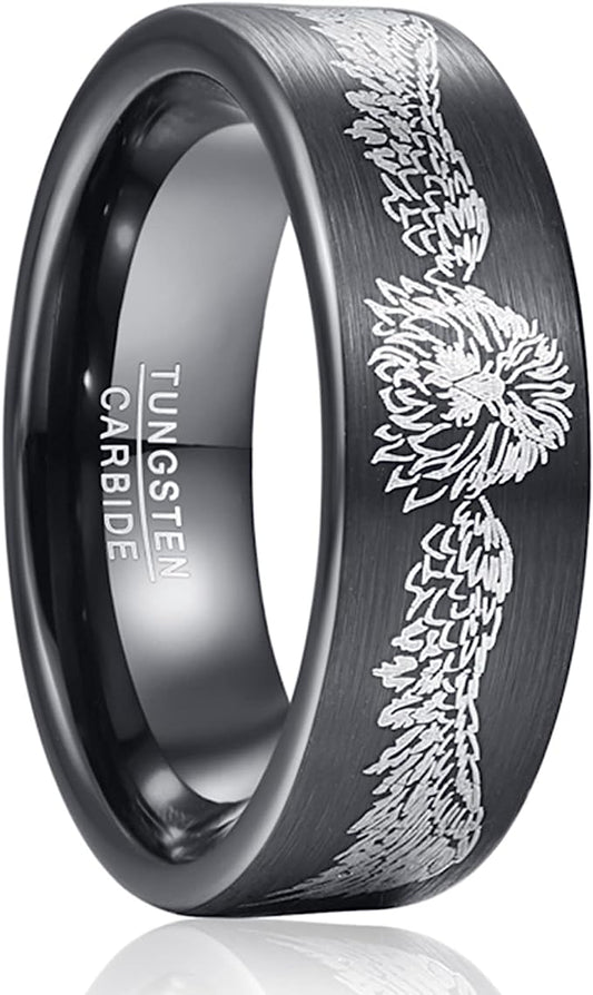 Genuine Carbide Tungsten Color: BLACK/SILVER Celtic Knot/Lion and Wings Pattern LASOR inlay, 8mm RING Polished Shiny Comfort Fit Wedding Band Size Size 6-15