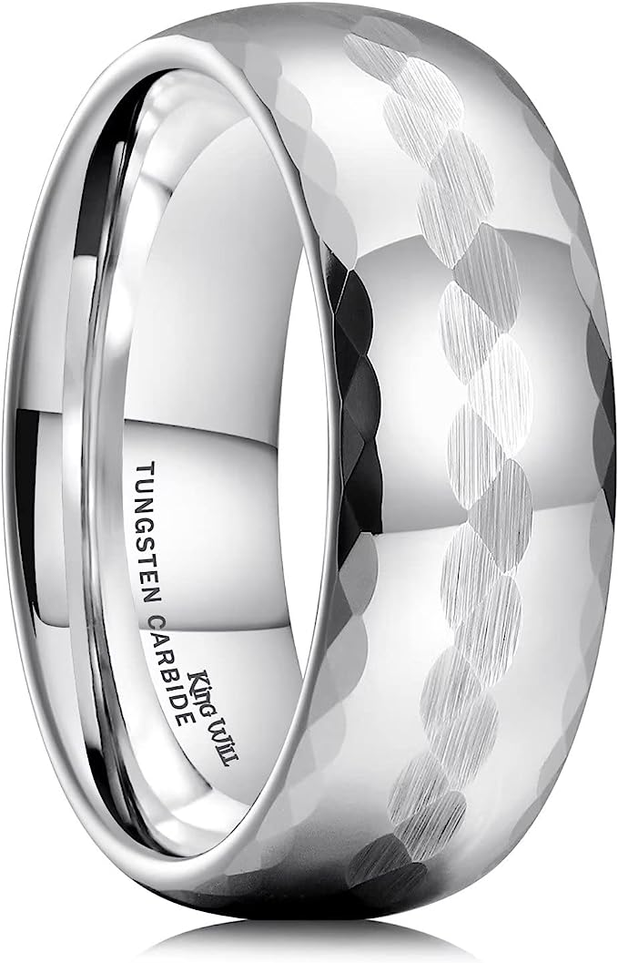 Genuine Carbide Tungsten Color: 8mm Silver Hammered RING Multi-Faceted Domed High Polish inner face makes it smooth and shiny Comfort Fit Wedding Band Size 6-15