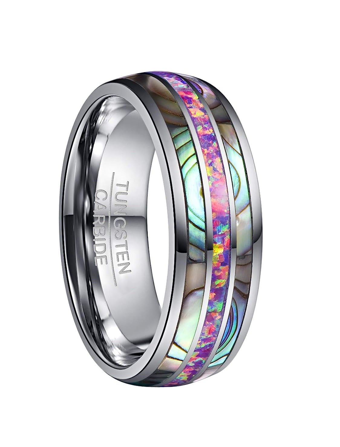 Genuine Carbide Tungsten Color: 8mm RING Lavender Purple Opal Silver Inner high polished inner-face design smooth and shiny. Comfort Fit Wedding Band Size 6-15