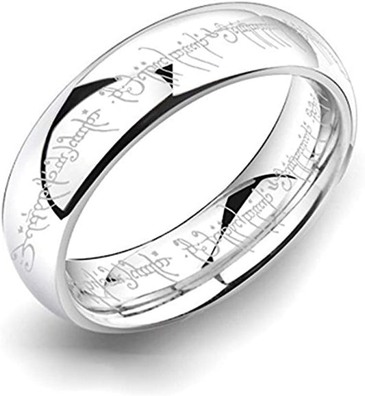 Genuine Carbide Tungsten Color: SILVER Elvish Script 8mm with Laser engraving pattern Lasered Gorgeous Stunning Polished Shiny Comfort Fit Wedding Band Size Size 6-15 Classic dome