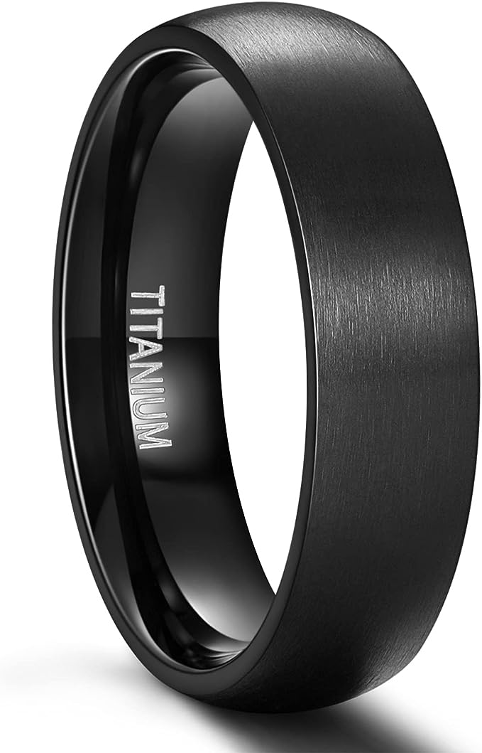 Genuine Titanium Brushed Black 6mm Wide Dome Ring Wedding Band High Polished Comfort Fit.