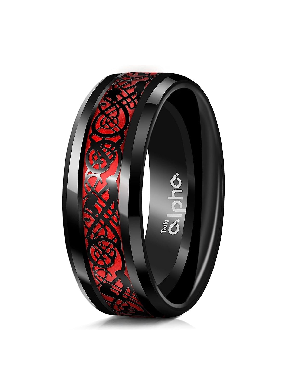 Genuine Carbide Tungsten Color: BLACK Celtic Dragon RED Carbon Fiber 8mm RING Polished Shiny Comfort Fit Wedding Band Size Size 6-15