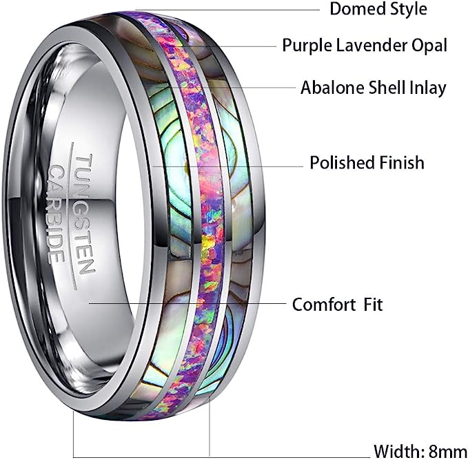 Genuine Carbide Tungsten Color: 8mm RING Lavender Purple Opal Silver Inner high polished inner-face design smooth and shiny. Comfort Fit Wedding Band Size 6-15