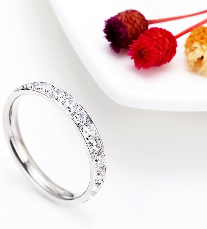 Genuine Titanium Silver 3mm Wide Ring Cubic Zirconia Eternity High Polished Comfort Fit.