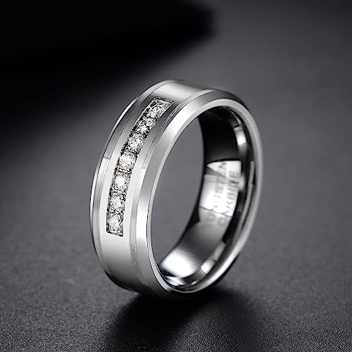 Genuine Carbide Tungsten Color: 8mm Cubic Zirconia and Silver inner high polished inner-face design smooth and shiny. Comfort Fit Wedding Band Size 6-15