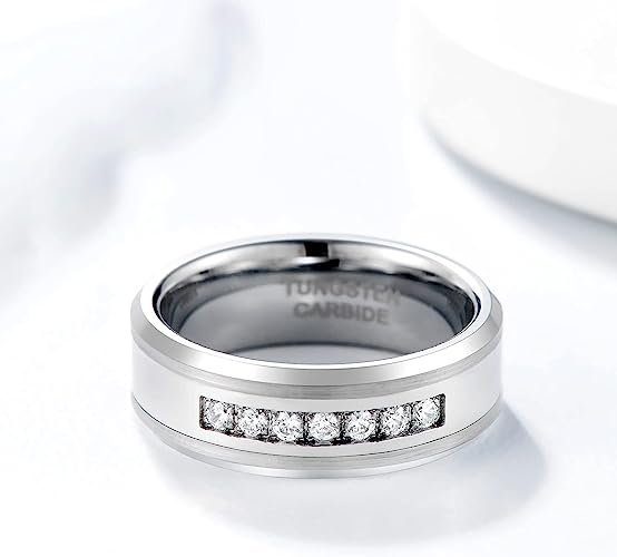 Genuine Carbide Tungsten Color: 8mm Cubic Zirconia and Silver inner high polished inner-face design smooth and shiny. Comfort Fit Wedding Band Size 6-15